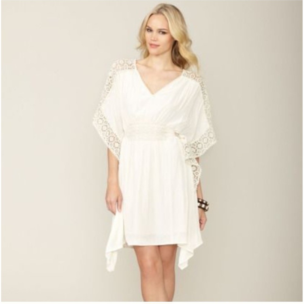 Calypso St. Barth‎ Boho Lace Gwyn Fairy Angel Silk Lined Lace Kaftan Dress Cream